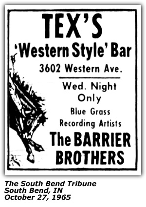 Promo Ad - Tex's Western Style Bar - South Bend, IN - Barrier Brothers - October 1965