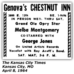 Promo Ad - Genova's Chestnut Inn - Kansas City, MO - Melba Montgomery - April 1964