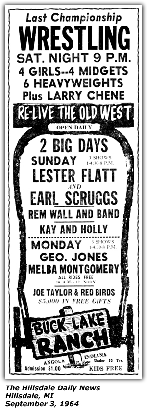 Promo Ad - Buck Lake Ranch - Angola, IN - Lester Flatt and Earl Scruggs - George Jones and Melba Montgomery - September 1964