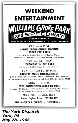Promo Ad - Williams Grove Park and Speedway - Mechanicsburg, PA - Melba Montgomery - May 1966