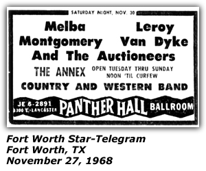 Promo Ad - Panther Hall - Fort Worth, TX - Melba Montgomery - Leroy Van Dyke and the Auctioneers - November 1968