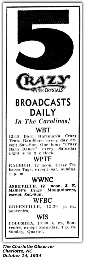Promo Ad - Crazy Water Crystals - WWNC - J. E. Mainer's Crazy Mountaineers - WBT - Dick Hartman -WPTF - Tobacco Tags - Oct 1934