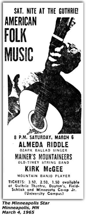 Promo Ad - Guthrie Theatre - American Folk Music - Almeda Riddle - Mainer's Mountaineers - Kirk McGee - March 1965