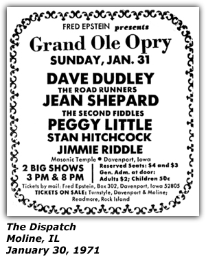 Promo Ad - Masonic Temple - Davenport, IA - Dave Dudley and the Road Runners - Jean Shepard and the Second Fiddles - Peggy Little - Stan Hitchcock - Jimmie Riddle - January 1971