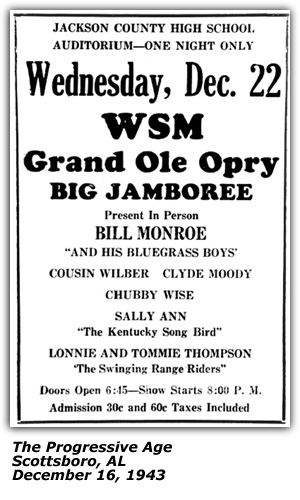 Promo Ad - Jackson County High School Auditorium - Bill Monroe - Bluegrass Boys - Cousin Wilbur - Clyde Moody - CHubby Wise - Lonnie and Tommie Thompson - December 1943