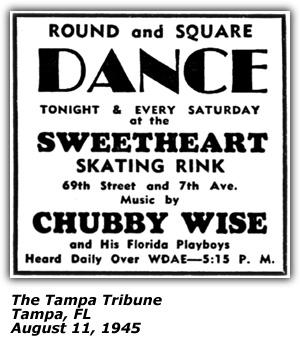 Promo Ad - Sweetheart Skating Rink - Tampa, FL - Chubby Wise and his Florida Playboys - August 1945