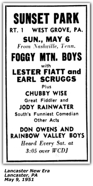 Promo Ad - Sunset Park - West Grove, PA - Lester Flatt and Earl Scruggs - Chubby Wise - Jody Rainwater - Don Owens - May 1951