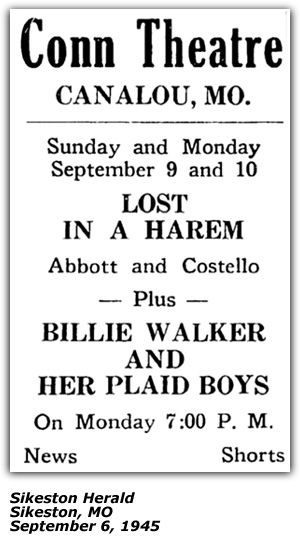 Promo Ad - Billie Walker and Her Dixie Plaid Boys - Canalou MO - Sep 1945