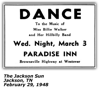 Promo Ad - Billie Walker - Paradise Inn - February 1948