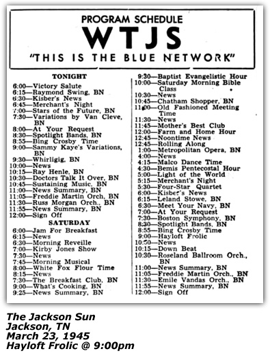 Program Schedule WTJS - Miss Billie Walker Show - March 1945