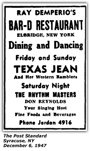 Promo Ad - Bar-D Restaurant - Elbridge, NY - Texas Jean and her Western Ramblers - December 1947