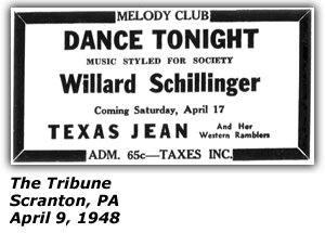 Promo Ad - Melody Club - Willard Schilling - Texas Jean and Her Western Ramblers - April 9, 1948