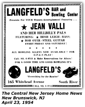 Promo Ad - Langfeld's - South River, NJ - Jean Valli and her Hillbilly Pals - Bob Oyer - Irish Leigh - April 1954