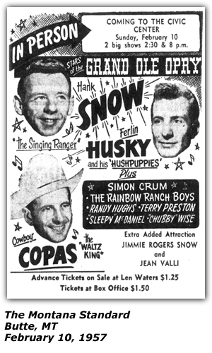 Promo Ad - Civic Center - Butte, MT - Hank Snow - Ferlin Husky - Cowboy Copas - Randy Hughes - Terry Preston - Simon Crum - Jimmie Rodges Snow - Jean Valli - February 1957