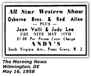 Promo Ad - Andy's - Penns Grove, NJ - Osborne Brothers and Red Allen - Jean Valli - Judy Lee - May 1958
