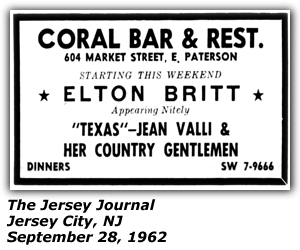 Promo Ad - Coral Bar and Restaurant - Jersey City, NJ - Elton Britt - Texas Jean Valli and her Country Gentlemen - September 1962