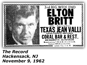 Promo Ad - Coral Bar and Restaurant - Paterson, NJ - Elton Britt - Texas Jean Valli - November 1962