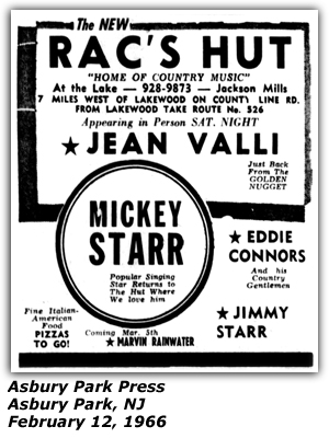 Promo Ad - Rac's Hut - Asbury Park, NJ - Jean Valli - Mickey Starr - Eddie Connors - Jimmy Starr - February 1966