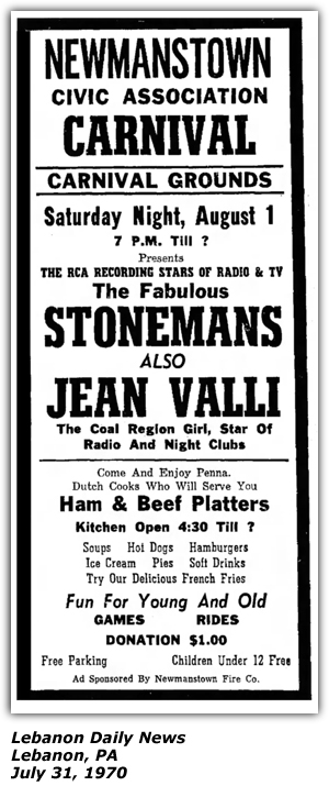 Promo Ad - Newmanstown Civic Association Carnival - Newmanstown, PA - Stonemans - Jean Valli - July 1970