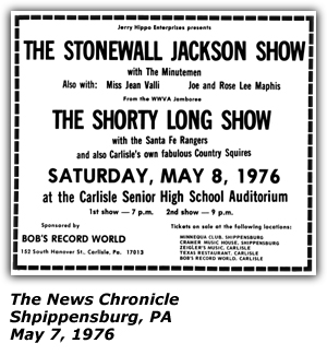 Promo Ad - Carlisle Senior High School Auditorium - Stonewall Jackson - Shorty Long - Miss Jean Valli - Joe and Rose Lee Maphis - May 1976
