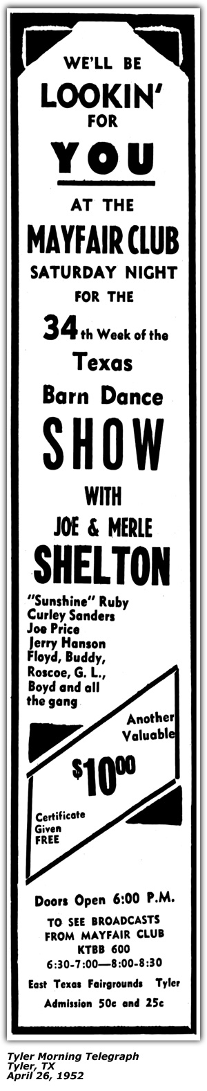 Promo Ad - Mayfair Club - Texas Barn Dance - Joe and Merle Shelton - Sunshine Ruby - Curley Sanders - Joe Price - Jerry Hanson - April 1952