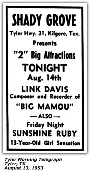 Promo Ad - Shady Grove - Kilgore, TX - Link Davis - Sunshine Ruby - August 1953