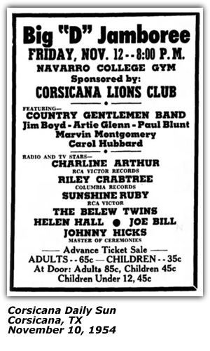 Promo Ad - Big D Jamboree - Navarro College Gym - Corsicana, TX - Charline Arthur - Riley Crabtree - Sunshine Ruby - The Belew Twins - Johnny Hicks, MC - November 1954