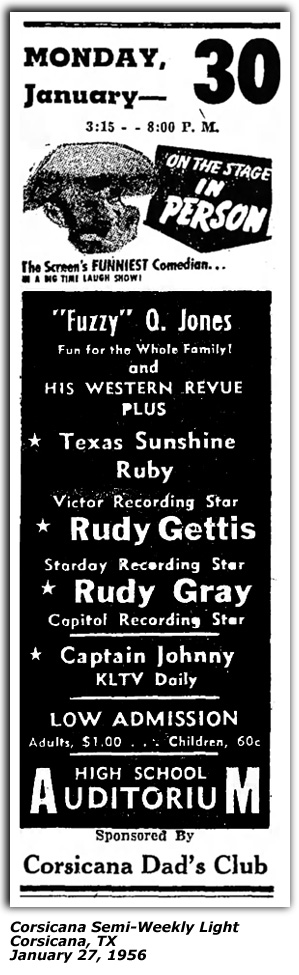 Promo Ad - Corsicana High School Auditorium - Corsicana, TX - Sunshine Ruby - Rudy Gettis - Rudy Gray - Captain Johnny - Fuzzy Q. Jones - January 1956