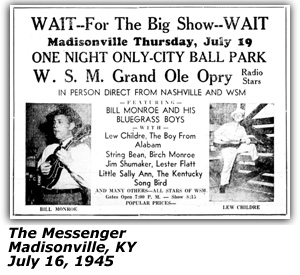 Promo Ad - City Ball Park - Madisonville, KY - Bill Monroe - Lew Childre - String Bean - Birch Monroe - Lester Flatt - July 1945