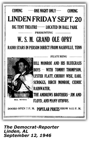 Promo Ad - Tent Theater - City Ball Park - Linden, AL - Bill Monroe - Bluegrass Boys - Tommy Thompson - Lester Flatt - Chubby Wise - Earl Scruggs - Birch Monroe - Cedric Rainwater - September 1946