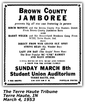 Promo Ad - Brown County Jamboree - Student Union Auditorium - Terre Haute, IN - Birch Monroe - Harry Weger - String Bean - Lazy Jim Day - Unk Ramsey - March 1953