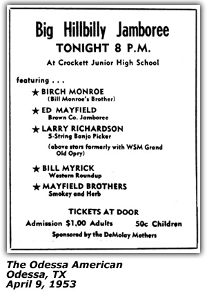 Promo Ad - Big Hillbilly Jamboree - Crockett Junior High School - Odessa, TX - Birch Monroe - Ed Mayfield - Larry Richardson - Bill Myrick - Mayfield Brothers - April 1953