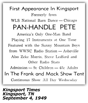 Promo Ad - Panhandle Pete - Zeke Morris - Steve Ledford - Frank and Mack Show Tent - Kingsport, TN - September 1949