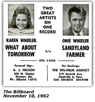 Promo Ad - Karen Wheeler and Onie Wheeler - Epic Records - Billboard - November 1962