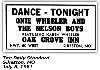 Promo Ad - Onie Wheeler and Karen Wheeler - Oak Grove Inn - Sikeston MO - July 1961