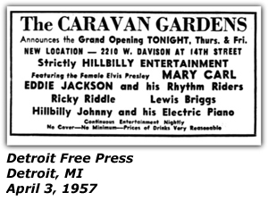 Promo Ad - Caravan Gardens - Detroit MI - Ricky Riddle - April 1957