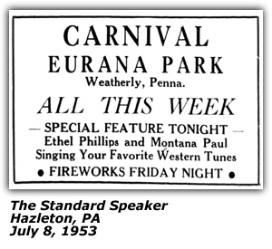 Promo Ad - Carnival - Eurana Park - Weatherly, PA - Montana Paul - Ethel Phillips - July 1953