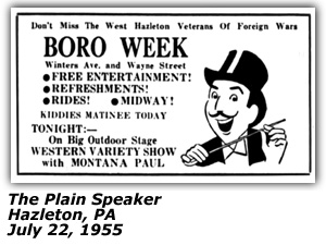 Promo Ad - Boro Week - West Hazleton Veterans of Foreign Wars - Montana Paul - Western Variety Show - July 1955