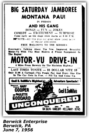 Promo Ad - Big Saturday Jamboree - Montana Paul and his gang - Motor-Vu Drive-In - Berwick, PA - June 1956