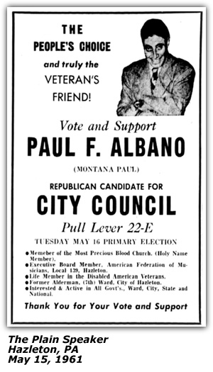 Polticial Ad - Paul F. Albano - Republican Candidate - City Council - Hazleton, PA - May 1961