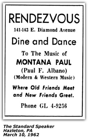 Promo Ad - Rondezvous - Hazleton, PA - Montana Paul (Paul F. Albano) - March 1962
