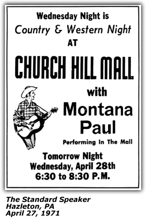 Promo Ad - Church Hill Mall - Country and Western Night - Montana Paul - April 1971 - Hazleton, PA