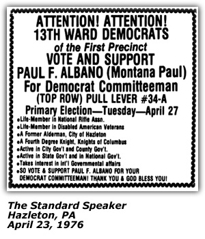 Political Ad - Paul F. Albano (Montana Paul) - 13th Ward Democrats - Democrat Committeeman - April 1976