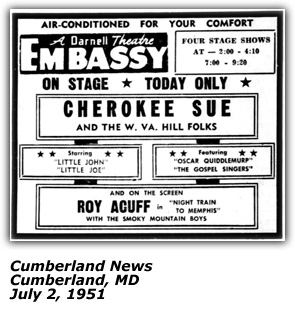 Promo Ad Cherkoke Sue and Llittle John - July 1951