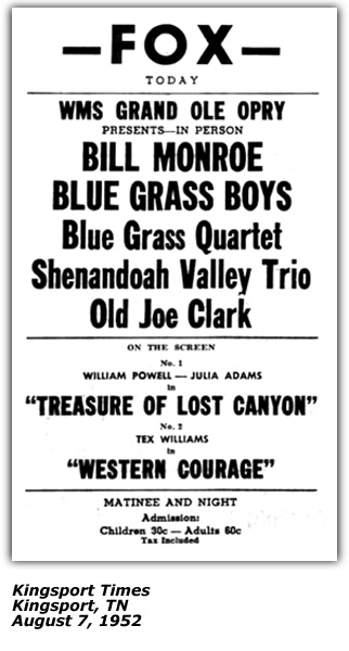 Promo Ad - Bill Monroe - Old Joe Clark - Kingsport, TN 1952