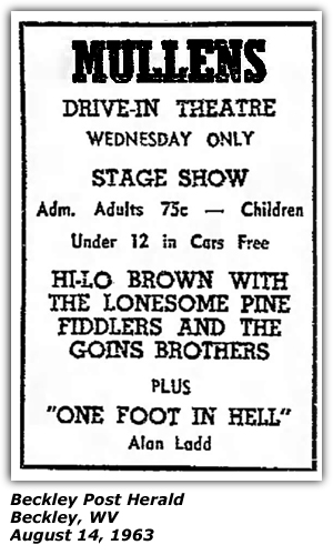 Promo Ad - Mullens Drive-In Theatre - Beckley, WV - Hylo Brown - Lonesome Pine Fiddlers - Gons Brothers - August 1963