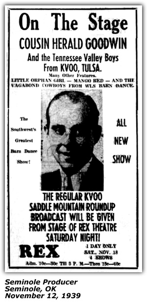 Promo Ad - Rex Theater - Seminole, OK - Cousin Herald Goodman - Little Orphan Girl - Mango Red - Vagabond Cowboys - November 1939