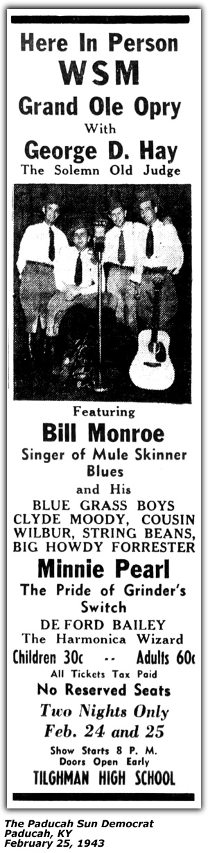 Promo Ad - Tilghman High School - Paducah, KY - Bill Monroe - Clyde Moody - Cousin Wilbur - Stringbean - Big Howdy Forrester - DeFord Baiely - Minnie Pearl - February 1943
