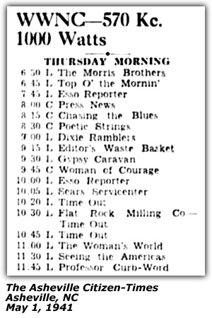 Radio Log - WWNC - May 1941 - Morris Brothers