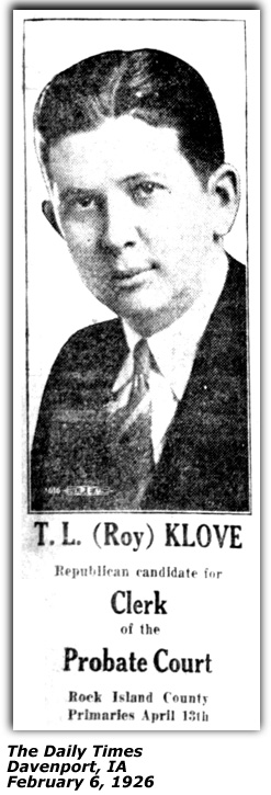 Promo Ad - T. L. (Roy) Klove - Lars Larson - Clerk of the Probate Court - Davenport, IA - February 1926